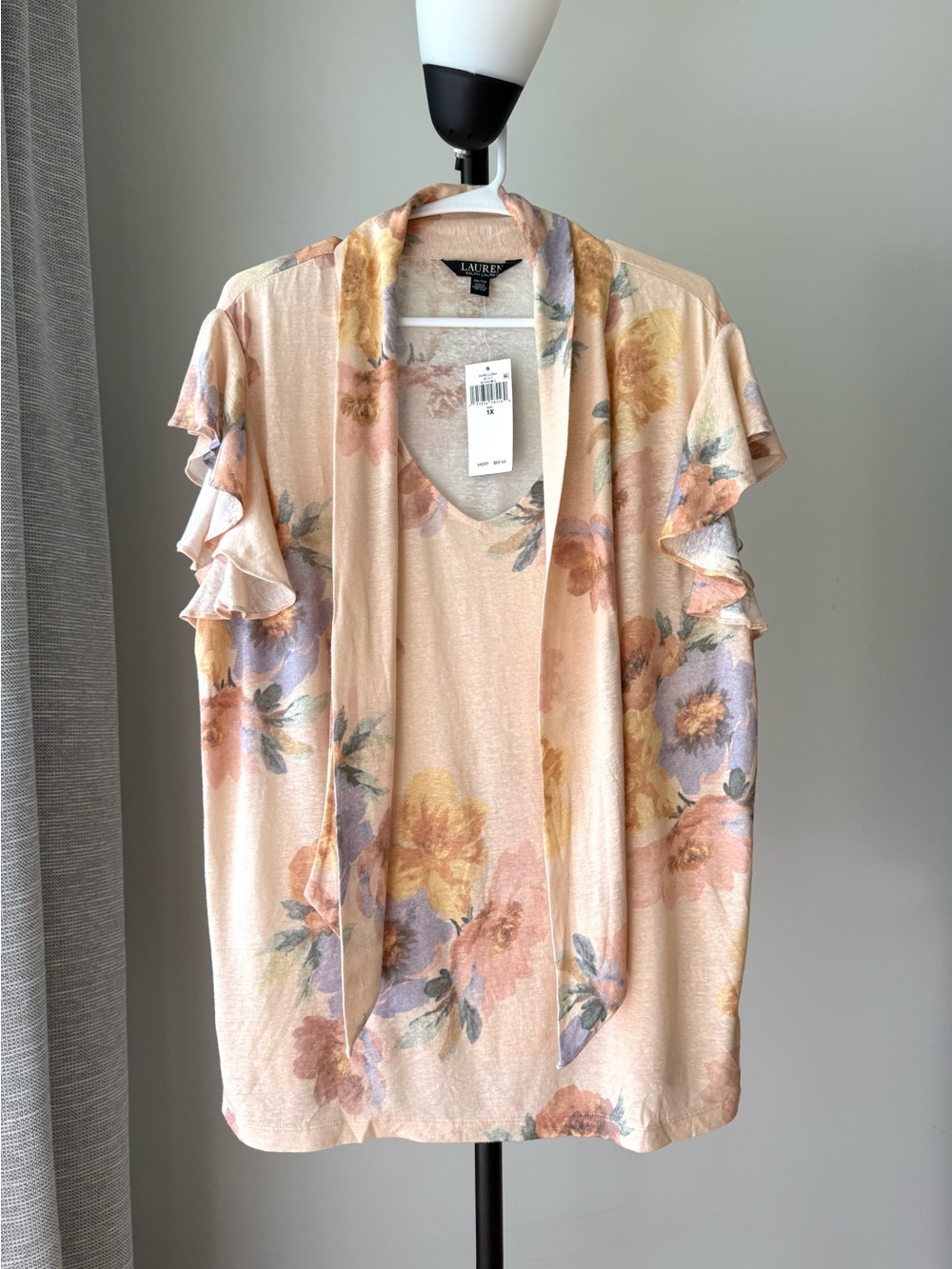 Lauren Ralph Lauren Peach Floral Ruffle Sleeve Blouse 1X